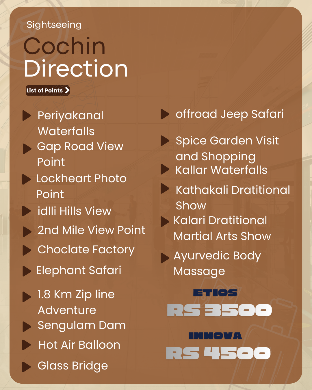 Cochin to Munnar sightseeing route with waterfalls, tea gardens, elephant safari, adventure activities and cultural shows